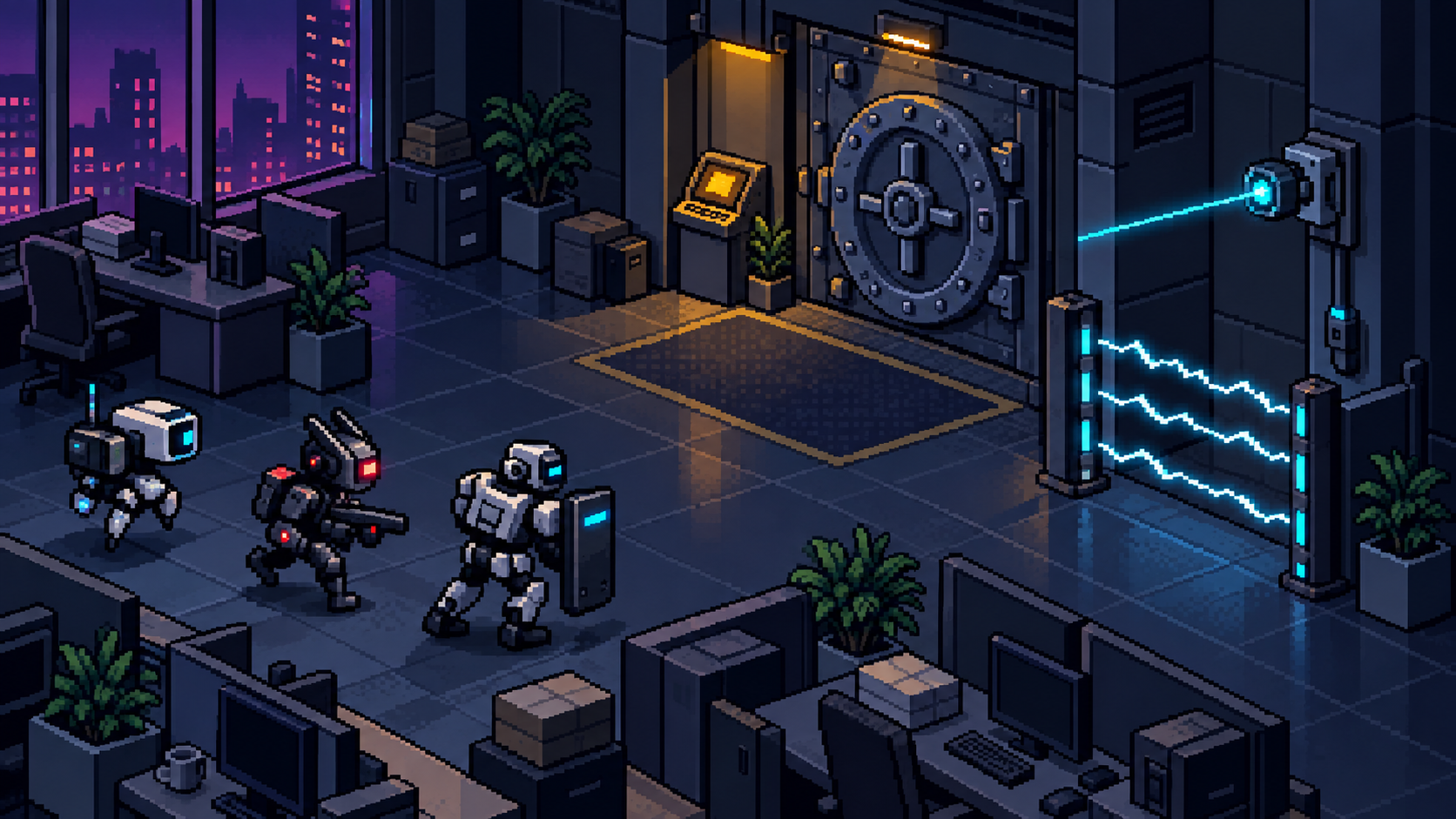 An illustrated defended office at night